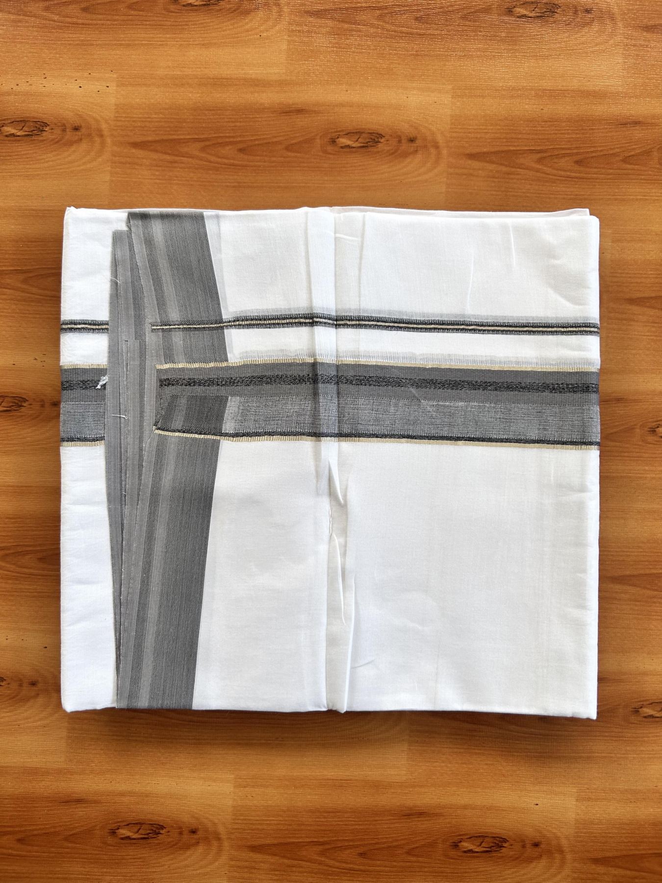 Double Pure White Mundu/Dhoti - 20% Discount ! KaithariKada Balaramapuram 100% Cotton - 100x80 - 1.5 inch Silver Kasav & Grey & Black Shaded Striped Kara 3.90 Mtr (8 muzham) - 38 KK5444 VIN