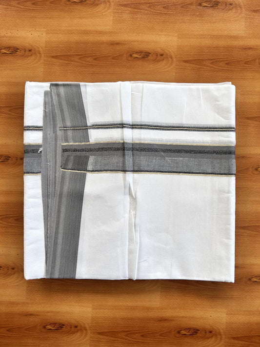 Double Pure White Mundu/Dhoti - 20% Discount ! KaithariKada Balaramapuram 100% Cotton - 100x80 - 1.5 inch Silver Kasav & Grey & Black Shaded Striped Kara 3.90 Mtr (8 muzham) - 38 KK5444 VIN