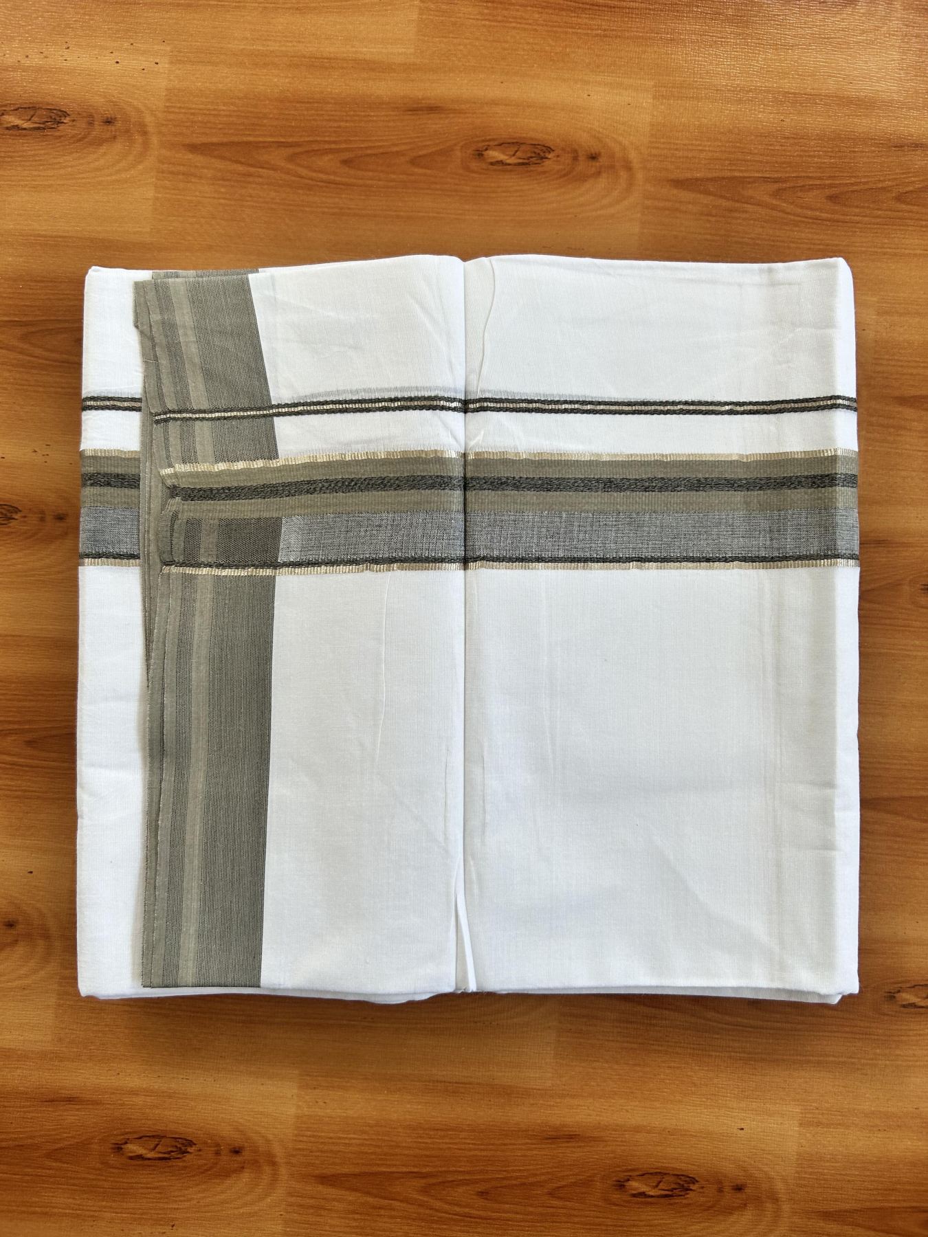 Double Pure White Mundu/Dhoti - 20% Discount ! KaithariKada Balaramapuram 100% Cotton - 100x80 - 1.5 inch Silver Kasav & Light Brown & Black Shaded Striped Kara 3.90 Mtr (8 muzham) - 39 KK5444 VIN