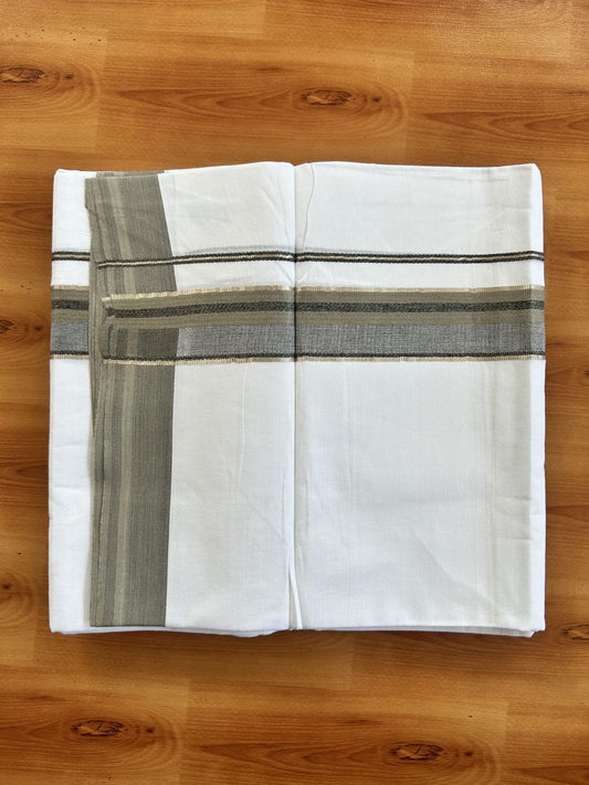 Double Pure White Mundu/Dhoti - 20% Discount ! KaithariKada Balaramapuram 100% Cotton - 100x80 - 1.5 inch Silver Kasav & Light Brown & Black Shaded Striped Kara 3.90 Mtr (8 muzham) - 39 KK5444 VIN
