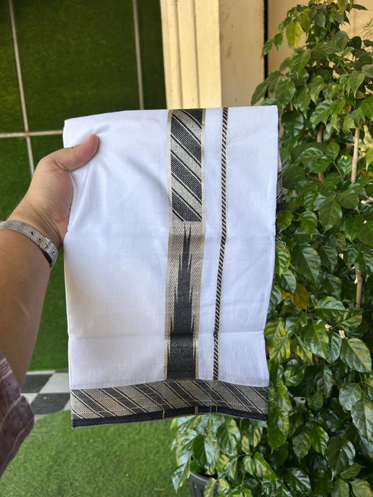 20% Discount ! KaithariKada Balaramapuram 100% Pure Cotton Double Pure White Mundu/Dhoti - 100x80 - 1.75 inch Puliyilakkara Silver Kasav & Black Jacquard Design Chutty kara 3.90 mtr (8 Muzham) - 3 KK5360 CJT
