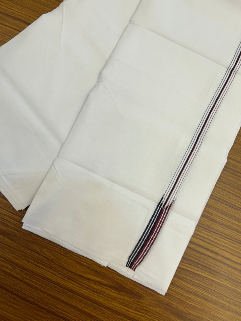 ADMK VESTHI 20% DISCOUNT ! KaithariKada Balaramapuram 100% Cotton Pure White Double Mundu/Dhoti- 100X100- 0.75 Inch  Puliyilakkara 6 Line Maroon & Black Chutty Kara - 15 KK5297 ASH
