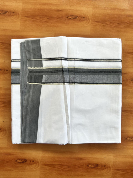 Double Pure White Mundu/Dhoti - 20% Discount ! KaithariKada Balaramapuram 100% Cotton - 100x80 - 1.5 inch Silver Kasav & Dark Ash Green & Black Shaded Striped Kara 3.90 Mtr (8 muzham) - 37 KK5444 VIN