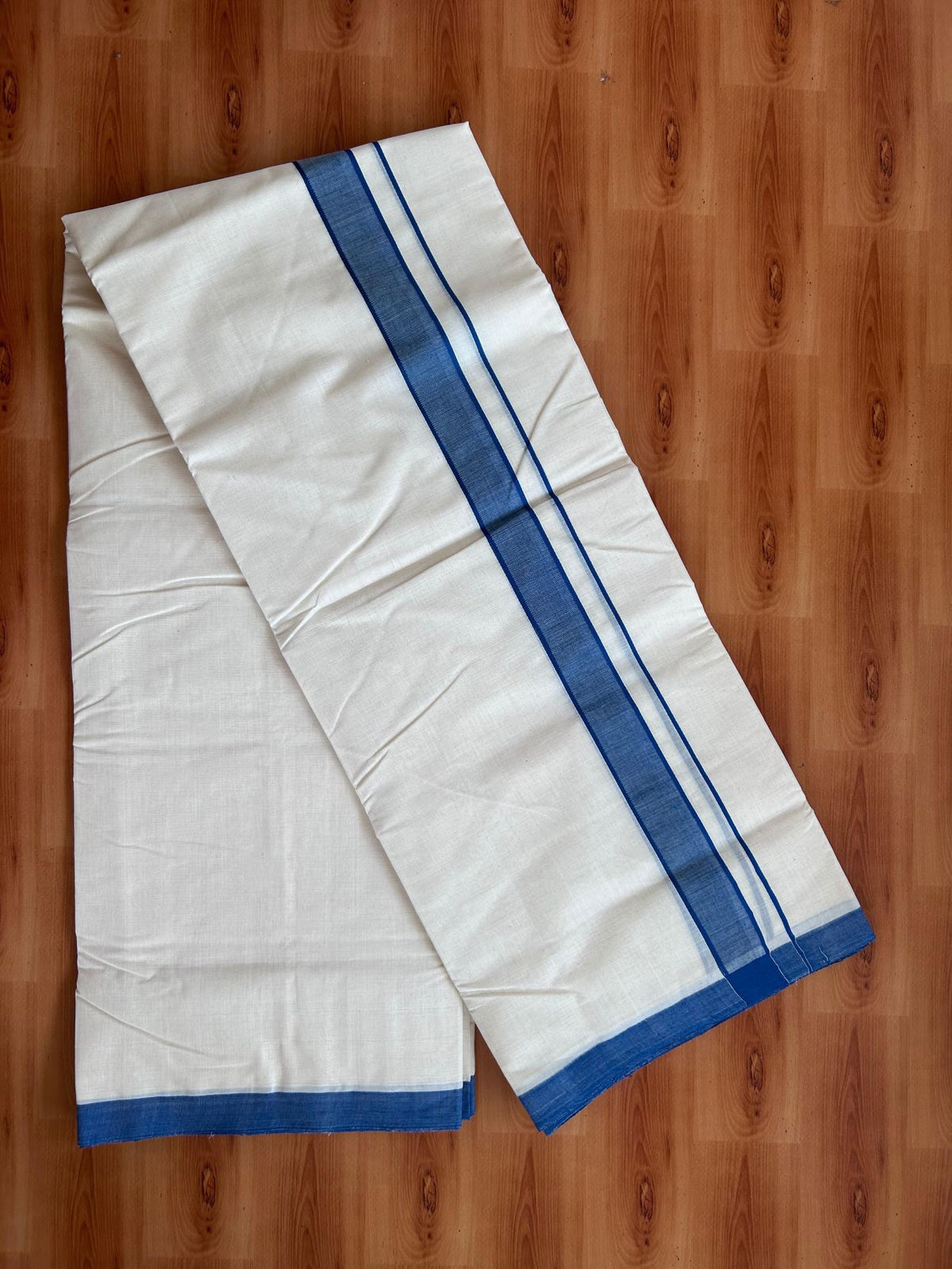 Off White (Unbleached) Double Mundu/Dhoti - 25% Discount! KaithariKada Handloom Millpaav - Kerala Handloom - 100% Pure Cotton - 80x90 - 1.25 inch Peacock Blue shaded kara 4 Meters (8.5 Muzham) - 51 KK5508 RAM