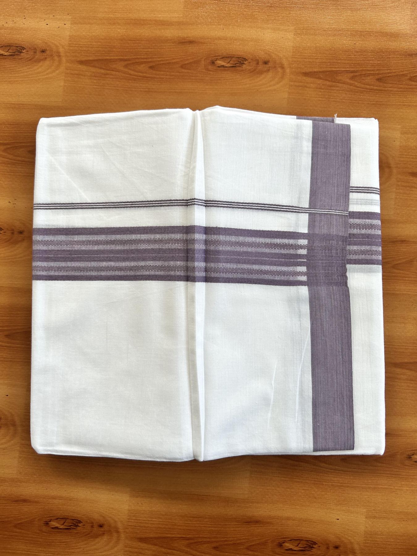 Double Pure white Mundu/Dhoti- 20% Discount! KaithariKada Balaramapuram 100% Cotton  - 100X80 - 1.5 inch Grey Purple Shaded Striped kara - 3.90 mtr (8 muzham) - 4 KK5444 VIN