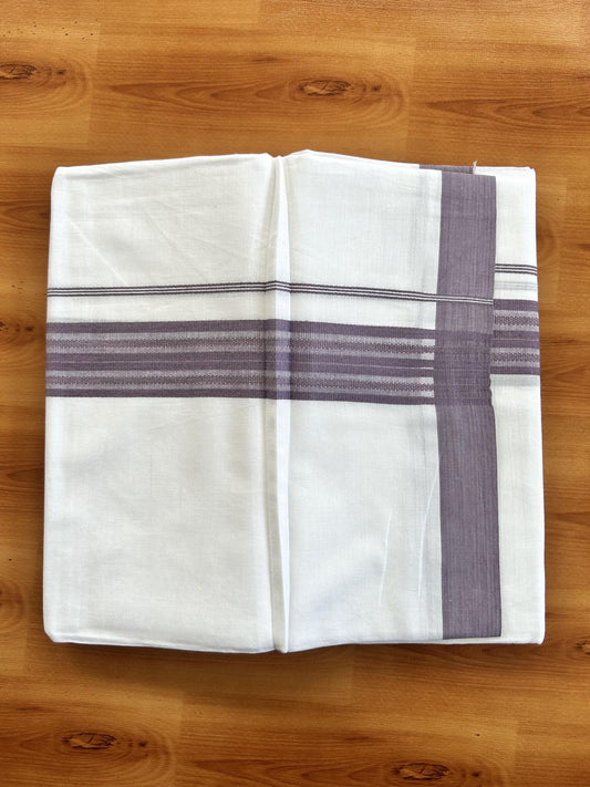 Double Pure white Mundu/Dhoti- 20% Discount! KaithariKada Balaramapuram 100% Cotton  - 100X80 - 1.5 inch Grey Purple Shaded Striped kara - 3.90 mtr (8 muzham) - 4 KK5444 VIN