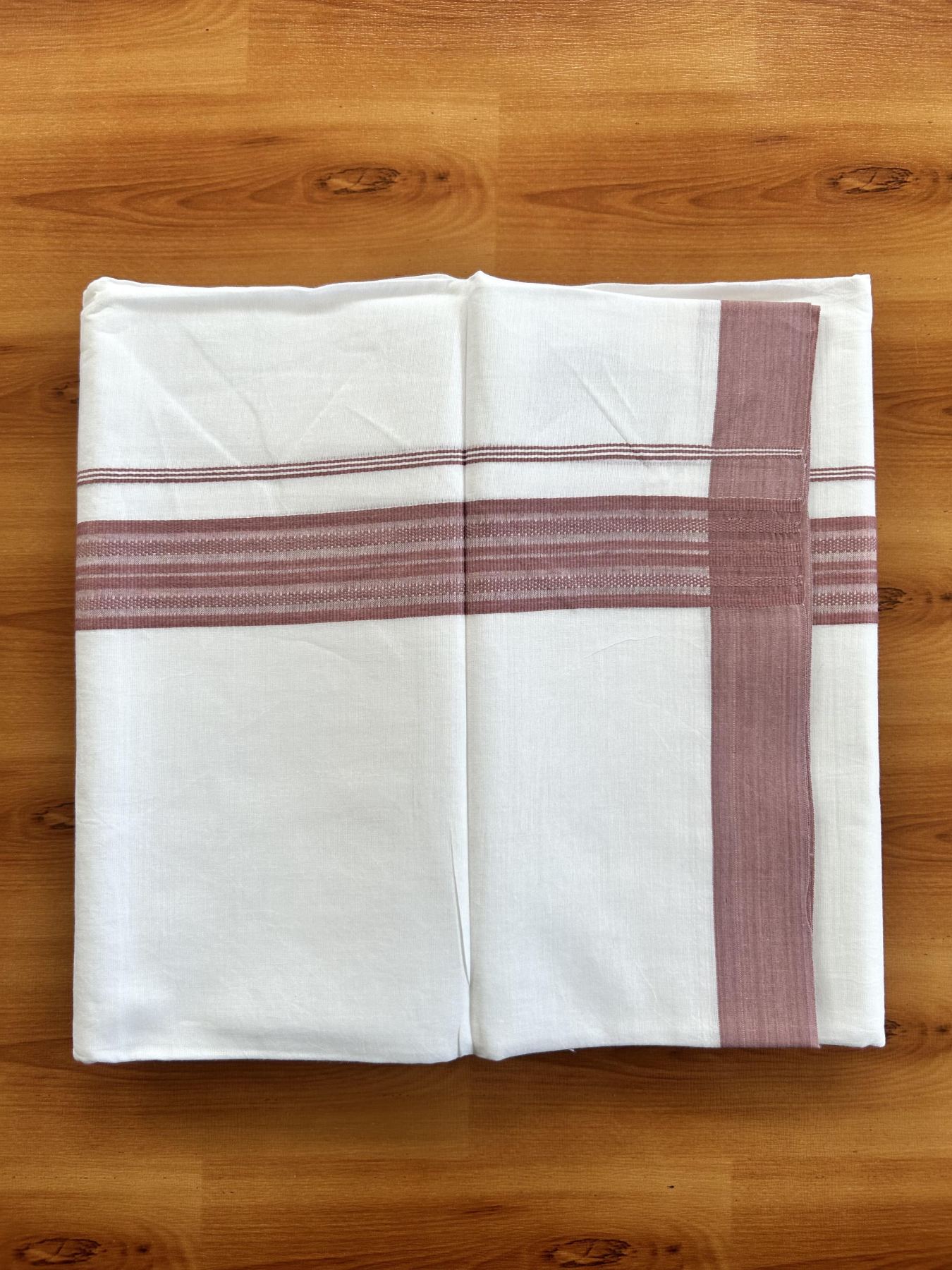 Double Pure white Mundu/Dhoti- 20% Discount! KaithariKada Balaramapuram 100% Cotton  - 100X80 - 1.5 inch Dusty Rose Shaded Striped kara - 3.90 mtr (8 muzham) - 5 KK5444 VIN