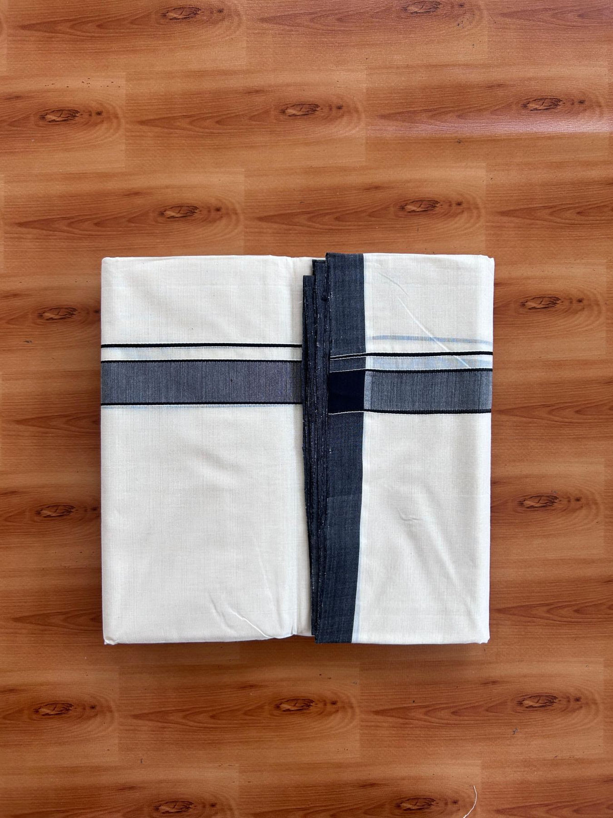 Off White (Unbleached) Double Mundu/Dhoti - 25% Discount! KaithariKada Handloom Millpaav - Kerala Handloom - 100% Pure Cotton - 80x90 - 1.25 inch Black shaded kara 4 Meters (8.5 Muzham) - 49 KK5508 RAM