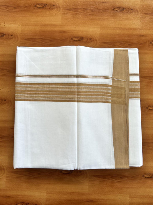 Double Pure white Mundu/Dhoti- 20% Discount! KaithariKada Balaramapuram 100% Cotton  - 100X80 - 1.5 inch Brownish Yellow  Shaded Striped kara - 3.90 mtr (8 muzham) - 9 KK5444 VIN