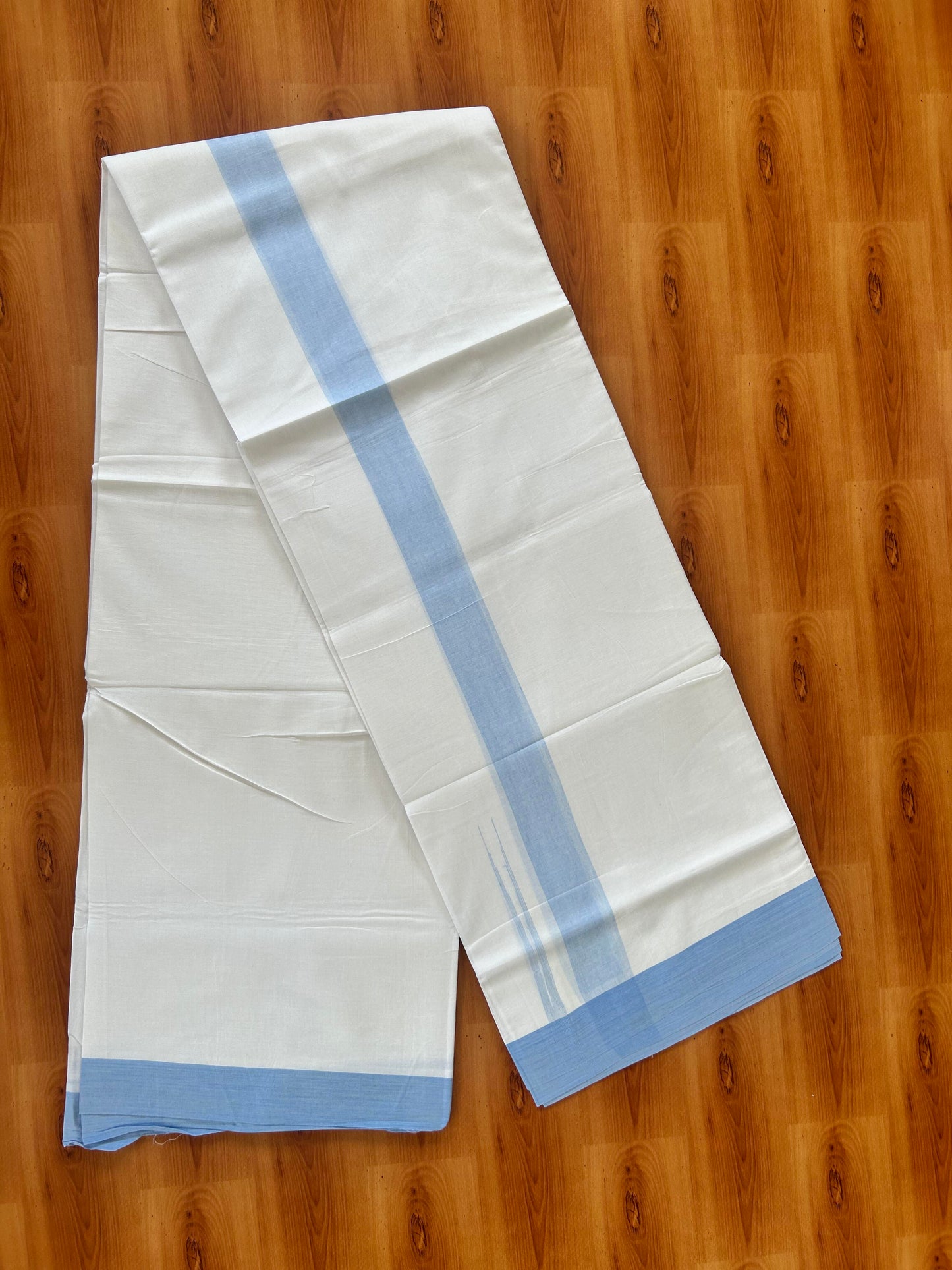 Double Pure White Mundu/Dhoti - 20% Discount !! KaithariKada Balaramapuram 100% Cotton - 100x80 - 1.5 inch Blue Puliyilakkara Chutty Kara 3.90 mtr (8 muzham) - 6 KK5443 VAS