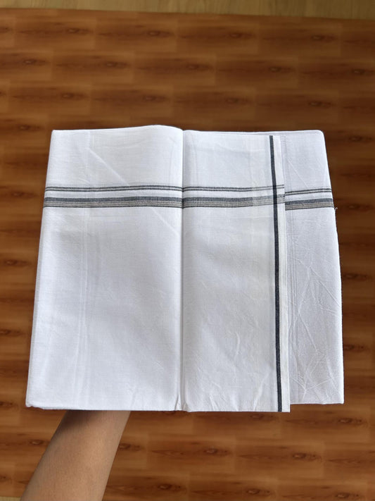 Single Mundu/Dhoti  - Pure White - 29% Discount !! KaithariKada Balaramapuram 100% Cotton - Twisted 60s Thread - 0.5 Cm Silver Kasav & Black & Navy Blue Shaded Striped Kara (2 meter / 4 muzham) - 63 KK5393 GL