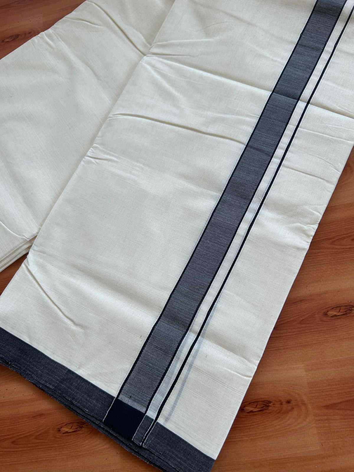Off White (Unbleached) Double Mundu/Dhoti - 25% Discount! KaithariKada Handloom Millpaav - Kerala Handloom - 100% Pure Cotton - 80x90 - 1.25 inch Black shaded kara 4 Meters (8.5 Muzham) - 49 KK5508 RAM