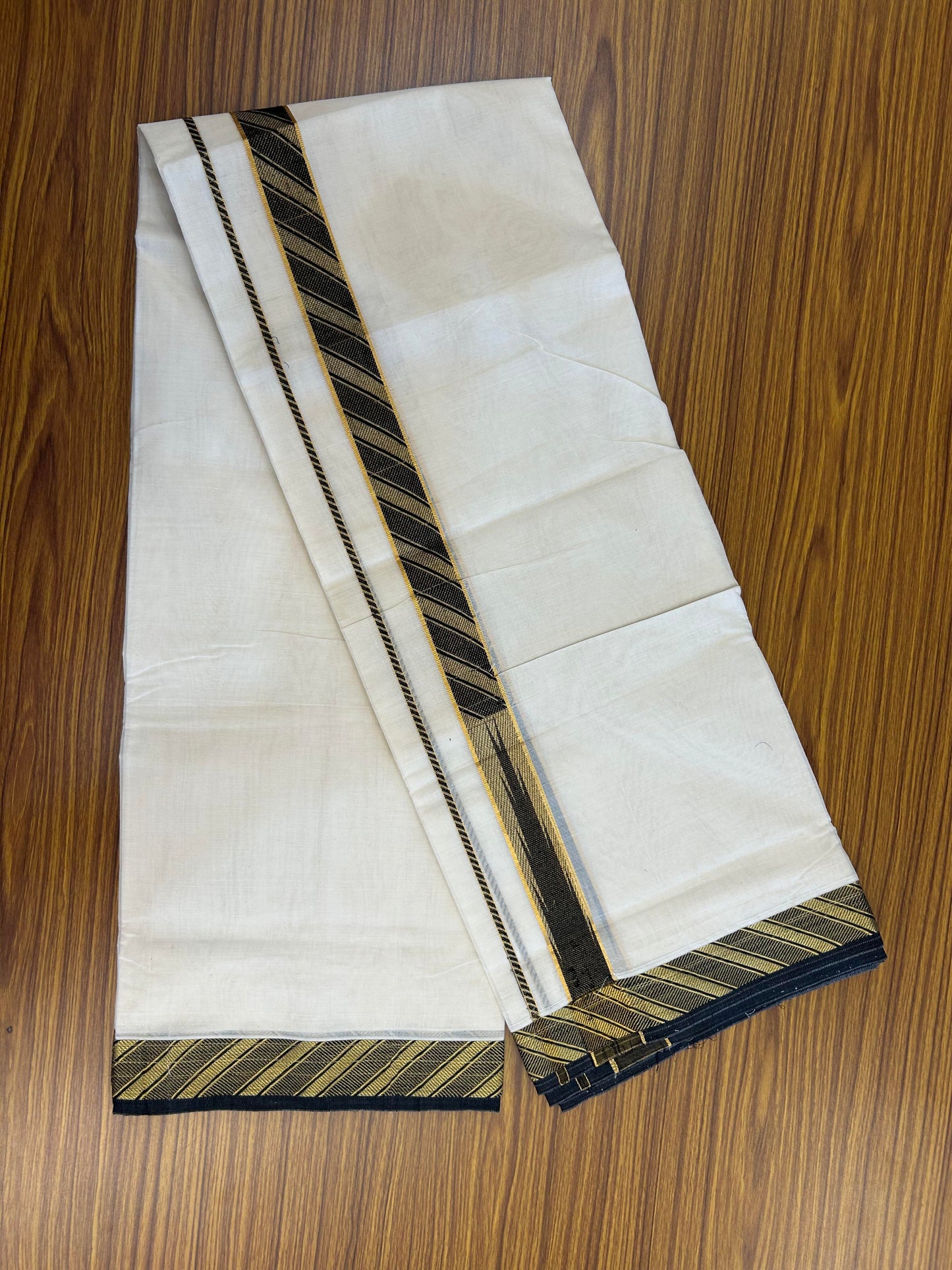 20% Discount ! KaithariKada Balaramapuram 100% Pure Cotton Double Off White (Unbleached) Mundu/Dhoti - 100x80 - 1.5 inch Puliyilakkara Gold Kasav & Black Jacquard Design Chutty kara (8.5 Muzham) - 12 KK5360 CJT