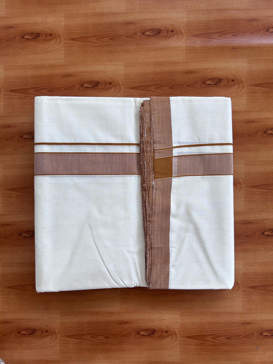 Off White (Unbleached) Double Mundu/Dhoti - 25% Discount! KaithariKada Handloom Millpaav - Kerala Handloom - 100% Pure Cotton - 80x90 - 1.25 inch Brown shaded kara 4 Meters (8.5 Muzham) - 48 KK5508 RAM