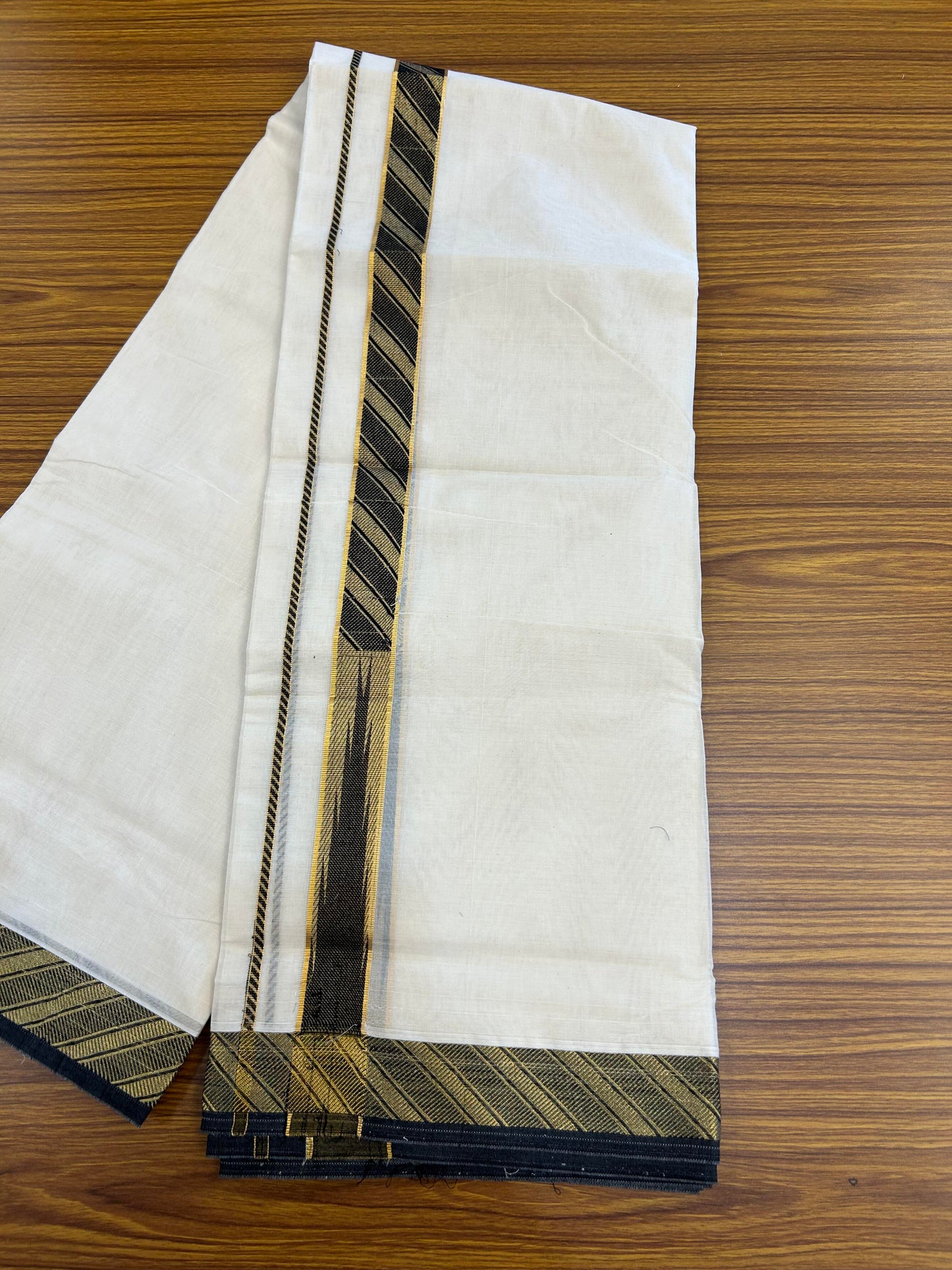 20% Discount ! KaithariKada Balaramapuram 100% Pure Cotton Double Off White (Unbleached) Mundu/Dhoti - 100x80 - 1.5 inch Puliyilakkara Gold Kasav & Black Jacquard Design Chutty kara (8.5 Muzham) - 12 KK5360 CJT
