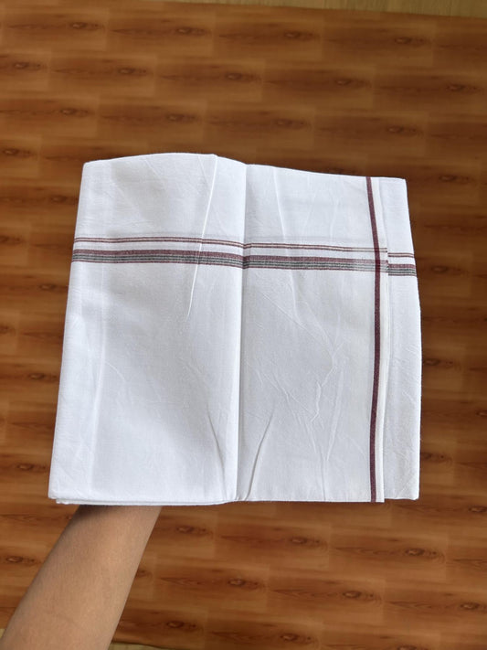 Single Mundu/Dhoti  - Pure White - 29% Discount !! KaithariKada Balaramapuram 100% Cotton - Twisted 60s Thread - 0.5 Cm Silver Kasav & Black & Light Maroon Shaded Striped Kara (2 meter / 4 muzham) - 64 KK5393 GL