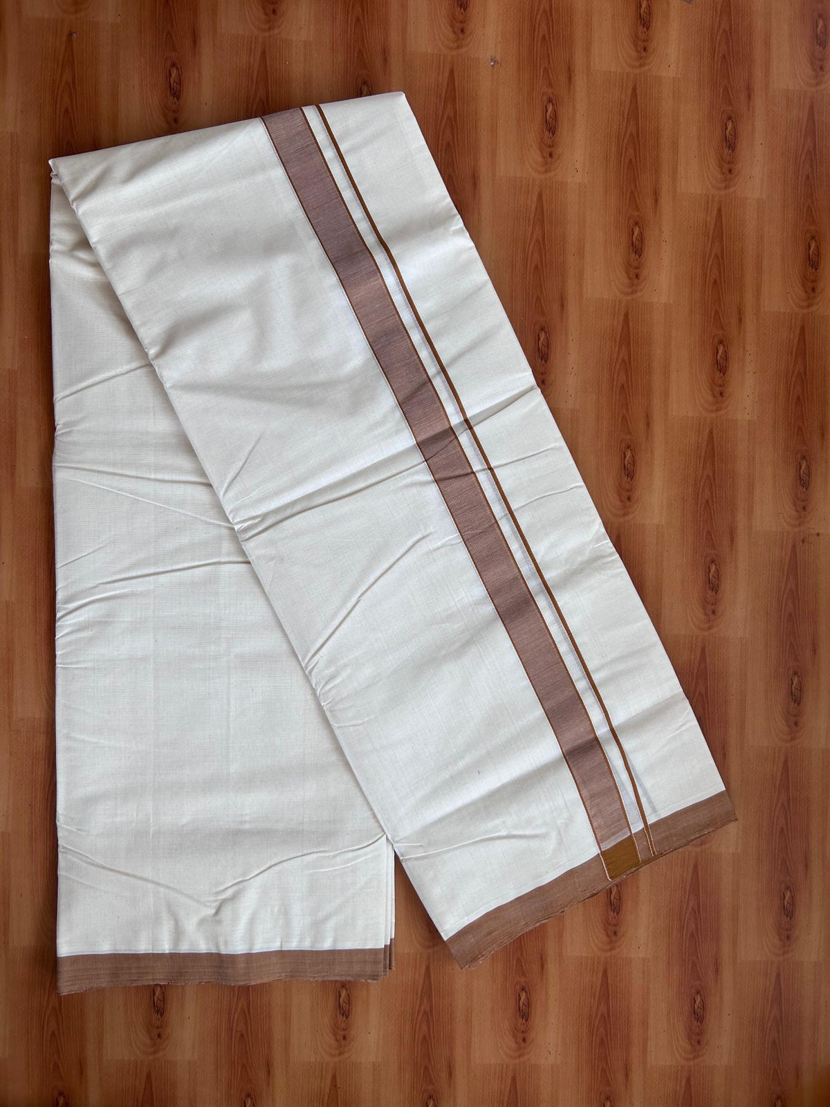Off White (Unbleached) Double Mundu/Dhoti - 25% Discount! KaithariKada Handloom Millpaav - Kerala Handloom - 100% Pure Cotton - 80x90 - 1.25 inch Brown shaded kara 4 Meters (8.5 Muzham) - 48 KK5508 RAM