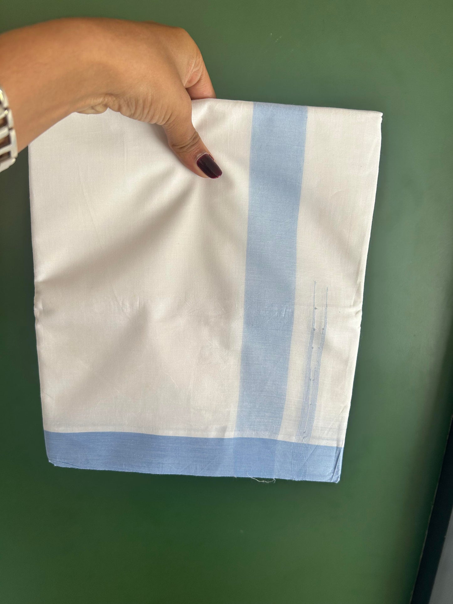 Double Pure White Mundu/Dhoti - 20% Discount !! KaithariKada Balaramapuram 100% Cotton - 100x80 - 1.5 inch Powder Blue Puliyilakkara Chutty Kara 3.90 mtr (8 muzham) - 5 KK5443 VAS