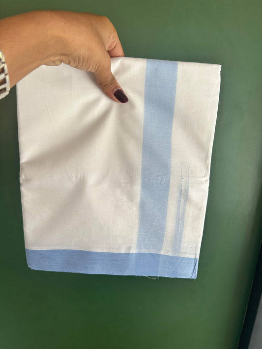Double Pure White Mundu/Dhoti - 20% Discount !! KaithariKada Balaramapuram 100% Cotton - 100x80 - 1.5 inch Powder Blue Puliyilakkara Chutty Kara 3.90 mtr (8 muzham) - 5 KK5443 VAS