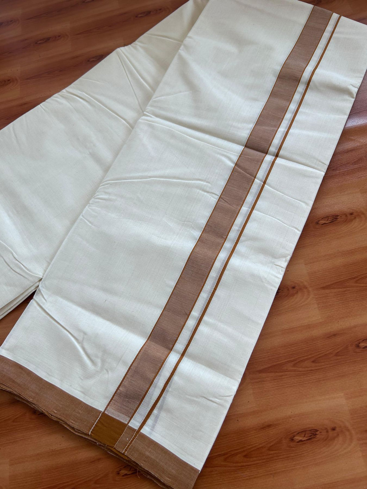 Off White (Unbleached) Double Mundu/Dhoti - 25% Discount! KaithariKada Handloom Millpaav - Kerala Handloom - 100% Pure Cotton - 80x90 - 1.25 inch Brown shaded kara 4 Meters (8.5 Muzham) - 48 KK5508 RAM