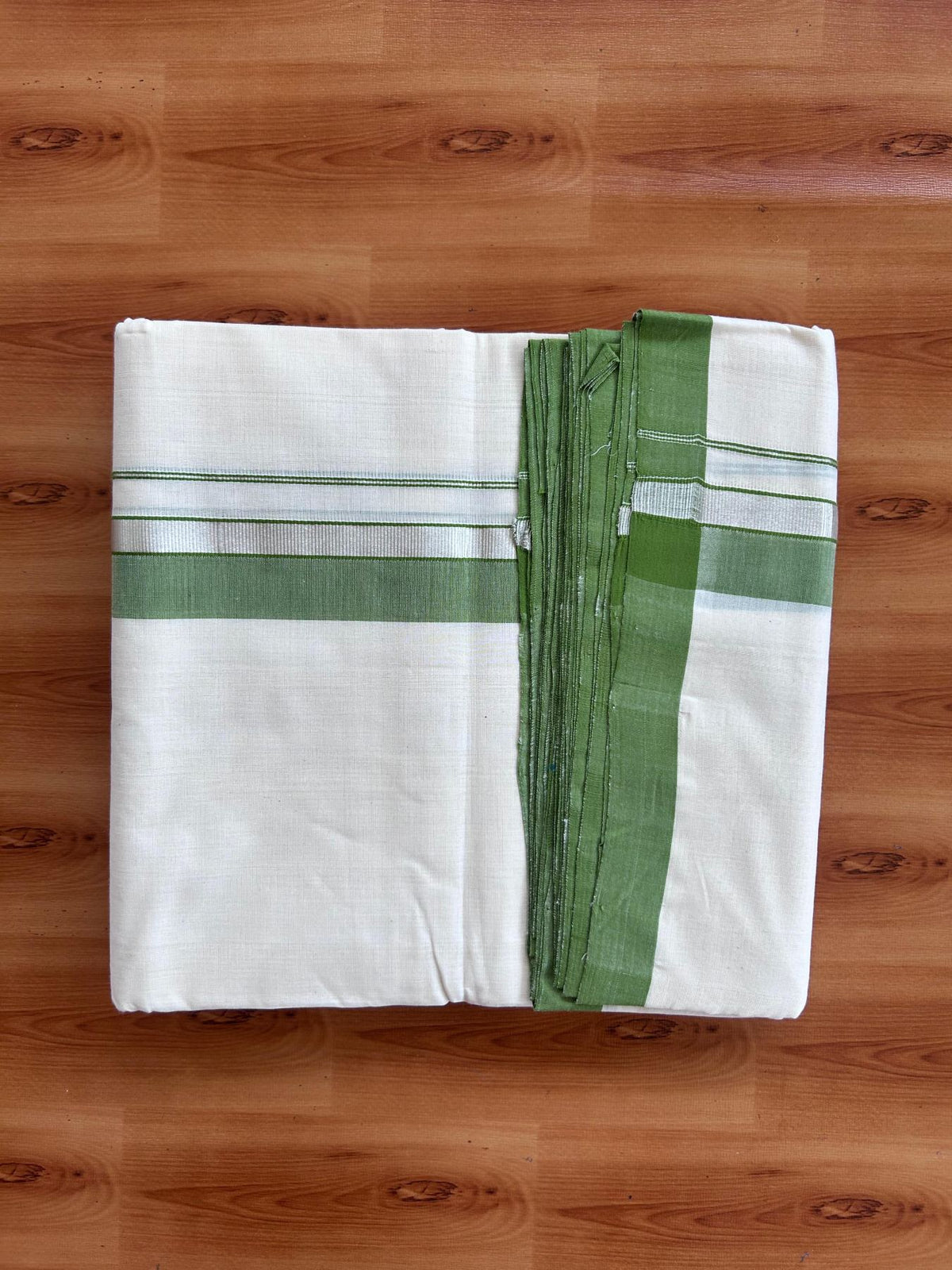 Off White (Unbleached) Double Mundu/Dhoti - 25% Discount! KaithariKada Handloom Millpaav - Kerala Handloom - 100% Pure Cotton - 80x90 - 1.5 inch Silver kasav Parrot Green shaded kara 4 Meters (8.5 Muzham) - 46 KK5508 RAM
