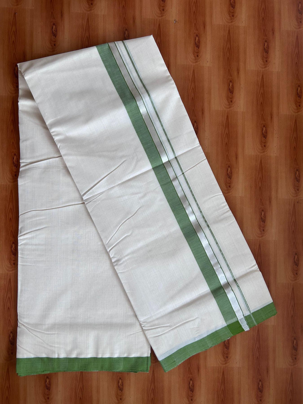 Off White (Unbleached) Double Mundu/Dhoti - 25% Discount! KaithariKada Handloom Millpaav - Kerala Handloom - 100% Pure Cotton - 80x90 - 1.5 inch Silver kasav Parrot Green shaded kara 4 Meters (8.5 Muzham) - 46 KK5508 RAM