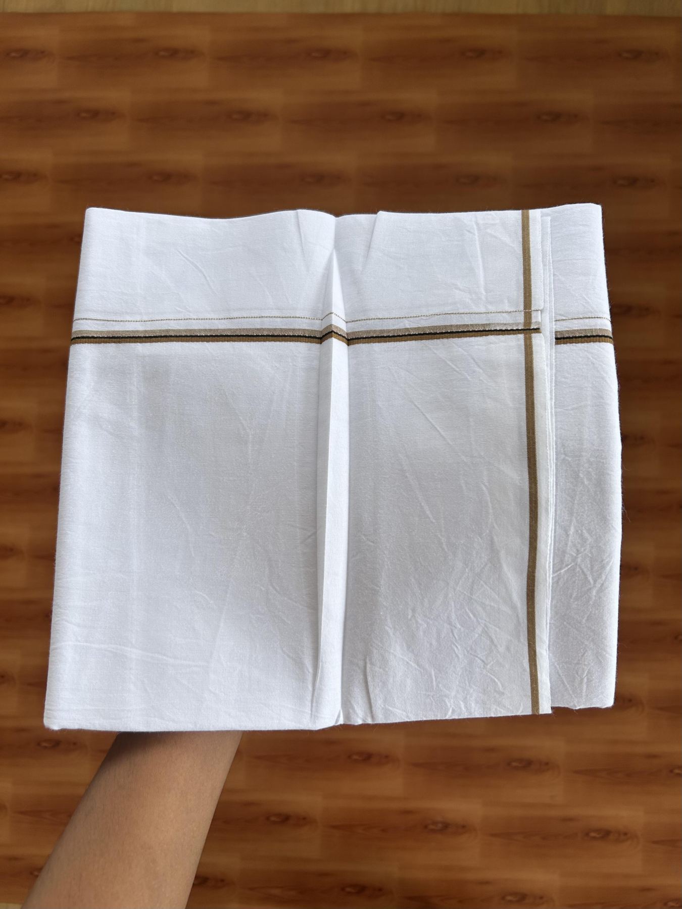 Single Mundu/Dhoti  - Pure White - 29% Discount !! KaithariKada Balaramapuram 100% Cotton - Twisted 60s Thread - 0.5 Cm Silver Kasav & Black & Sand Brown Shaded Striped Kara (2 meter / 4 muzham) - 66 KK5393 GL