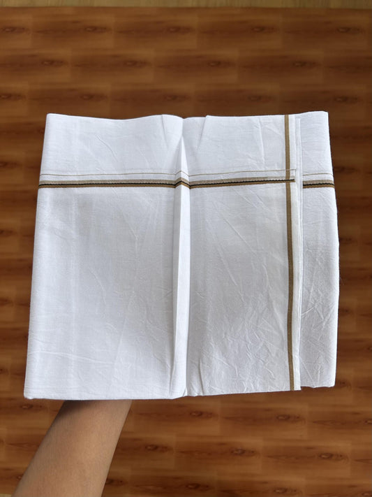 Single Mundu/Dhoti  - Pure White - 29% Discount !! KaithariKada Balaramapuram 100% Cotton - Twisted 60s Thread - 0.5 Cm Silver Kasav & Black & Sand Brown Shaded Striped Kara (2 meter / 4 muzham) - 66 KK5393 GL