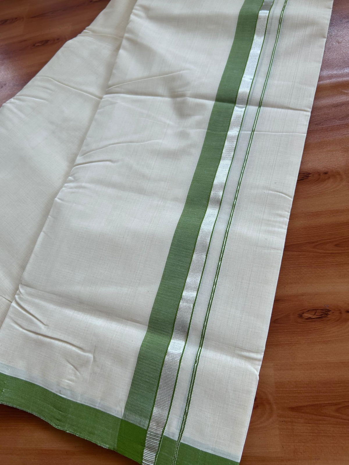 Off White (Unbleached) Double Mundu/Dhoti - 25% Discount! KaithariKada Handloom Millpaav - Kerala Handloom - 100% Pure Cotton - 80x90 - 1.5 inch Silver kasav Parrot Green shaded kara 4 Meters (8.5 Muzham) - 46 KK5508 RAM
