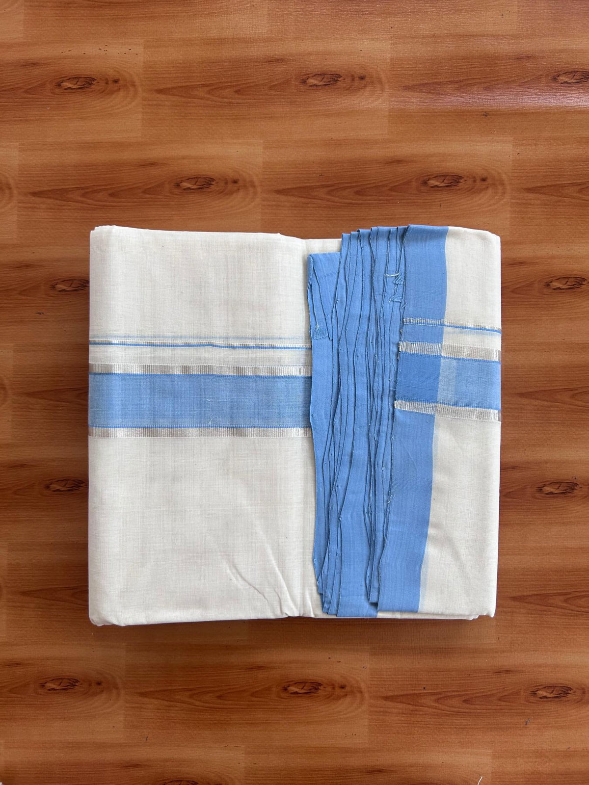 Off White (Unbleached) Double Mundu/Dhoti - 25% Discount! KaithariKada Handloom Millpaav - Kerala Handloom - 100% Pure Cotton - 80x90 - 1.5 inch Silver kasav Sky blue shaded kara 4 Meters (8.5 Muzham) - 45 KK5508 RAM