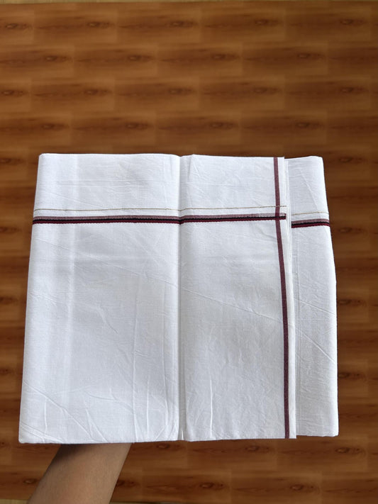 Single Mundu/Dhoti  - Pure White - 29% Discount !! KaithariKada Balaramapuram 100% Cotton - Twisted 60s Thread - 0.5 Cm Silver Kasav & Black & Light Maroon Shaded Striped Kara (2 meter / 4 muzham) - 65 KK5393 GL