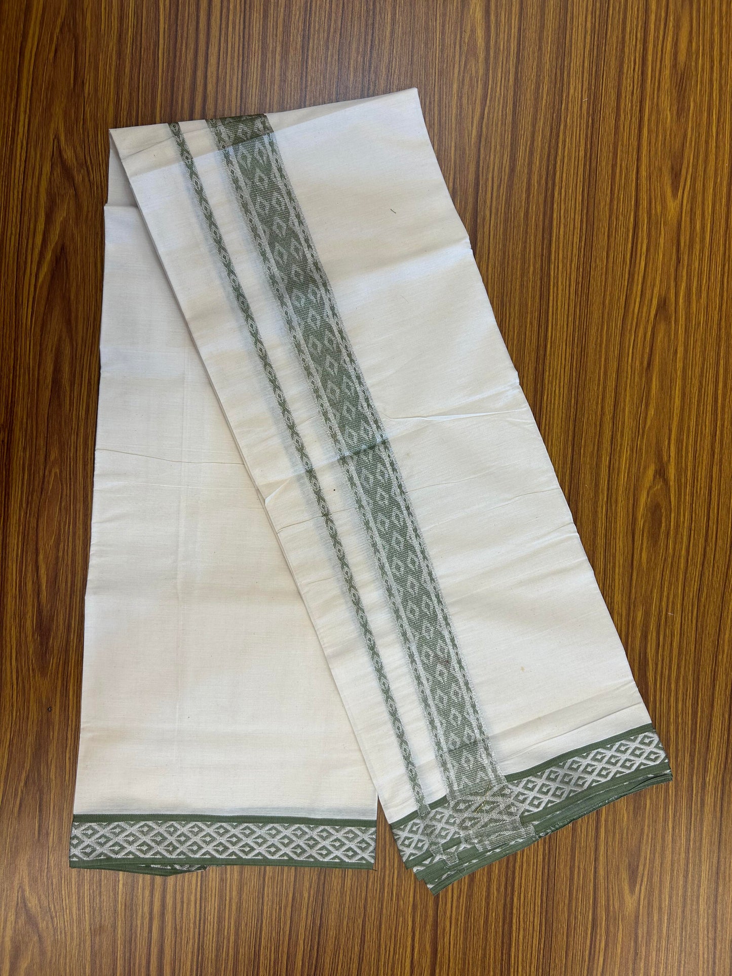 20% Discount ! KaithariKada Balaramapuram 100% Pure Cotton Single Off White Mundu/Dhoti - 70X30 - 2 inch Silver Kasav & Pastel Green Jacquard Design kara 2 mtr (4 Muzham) - 14 KK5360 CJT