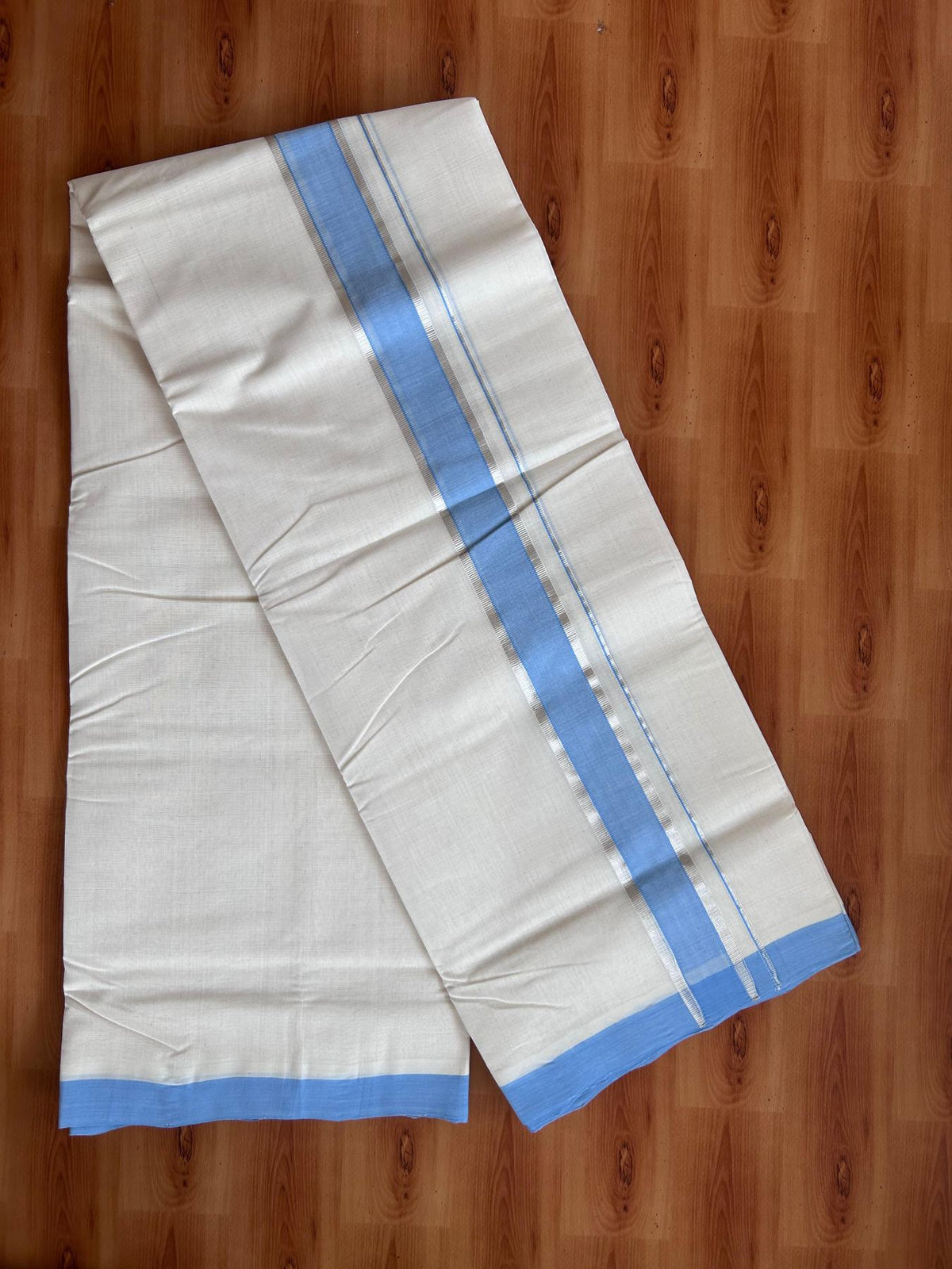 Off White (Unbleached) Double Mundu/Dhoti - 25% Discount! KaithariKada Handloom Millpaav - Kerala Handloom - 100% Pure Cotton - 80x90 - 1.5 inch Silver kasav Sky blue shaded kara 4 Meters (8.5 Muzham) - 45 KK5508 RAM