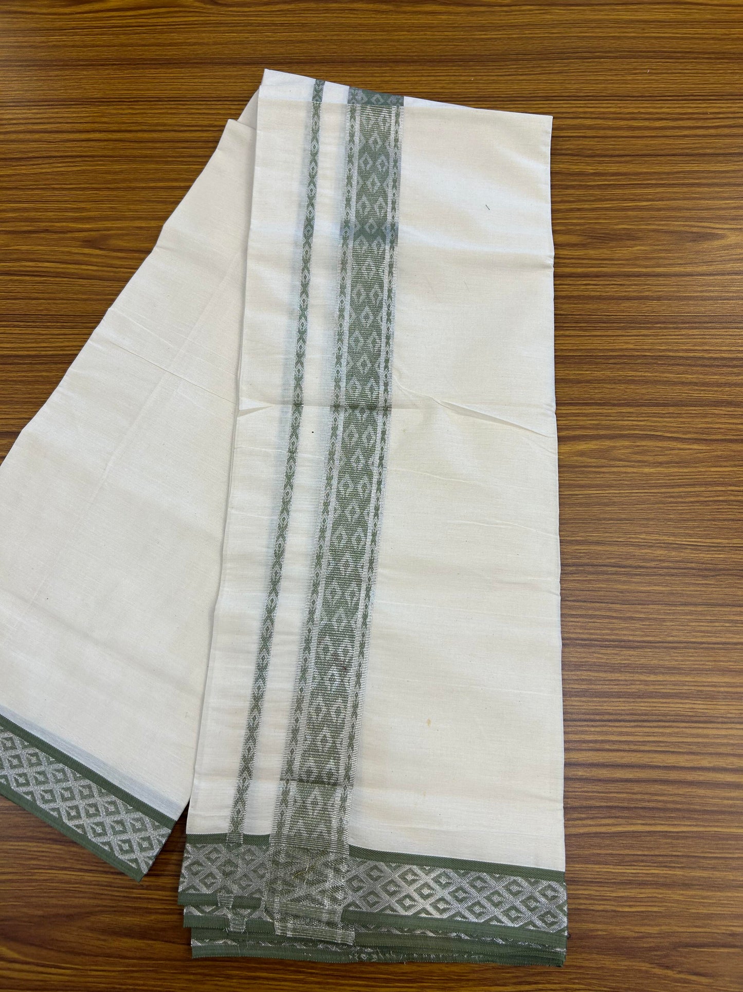 20% Discount ! KaithariKada Balaramapuram 100% Pure Cotton Single Off White Mundu/Dhoti - 70X30 - 2 inch Silver Kasav & Pastel Green Jacquard Design kara 2 mtr (4 Muzham) - 14 KK5360 CJT