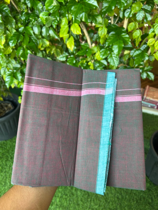10% Discount!!! Kaitharikada Pure Cotton - Single Kaily / Lungi - 0.5 inch Rose Pink Shaded Kara with Green & Brown colour body (2 meter / 4 muzham) - 26KK8024 GAN