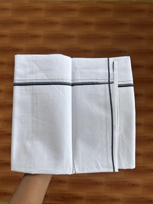 Single Mundu/Dhoti  - Pure White - 29% Discount !! KaithariKada Balaramapuram 100% Cotton - Twisted 60s Thread - 0.5 Cm Silver Kasav & Brown & Navy Blue Shaded Striped Kara (2 meter / 4 muzham) - 67 KK5393 GL