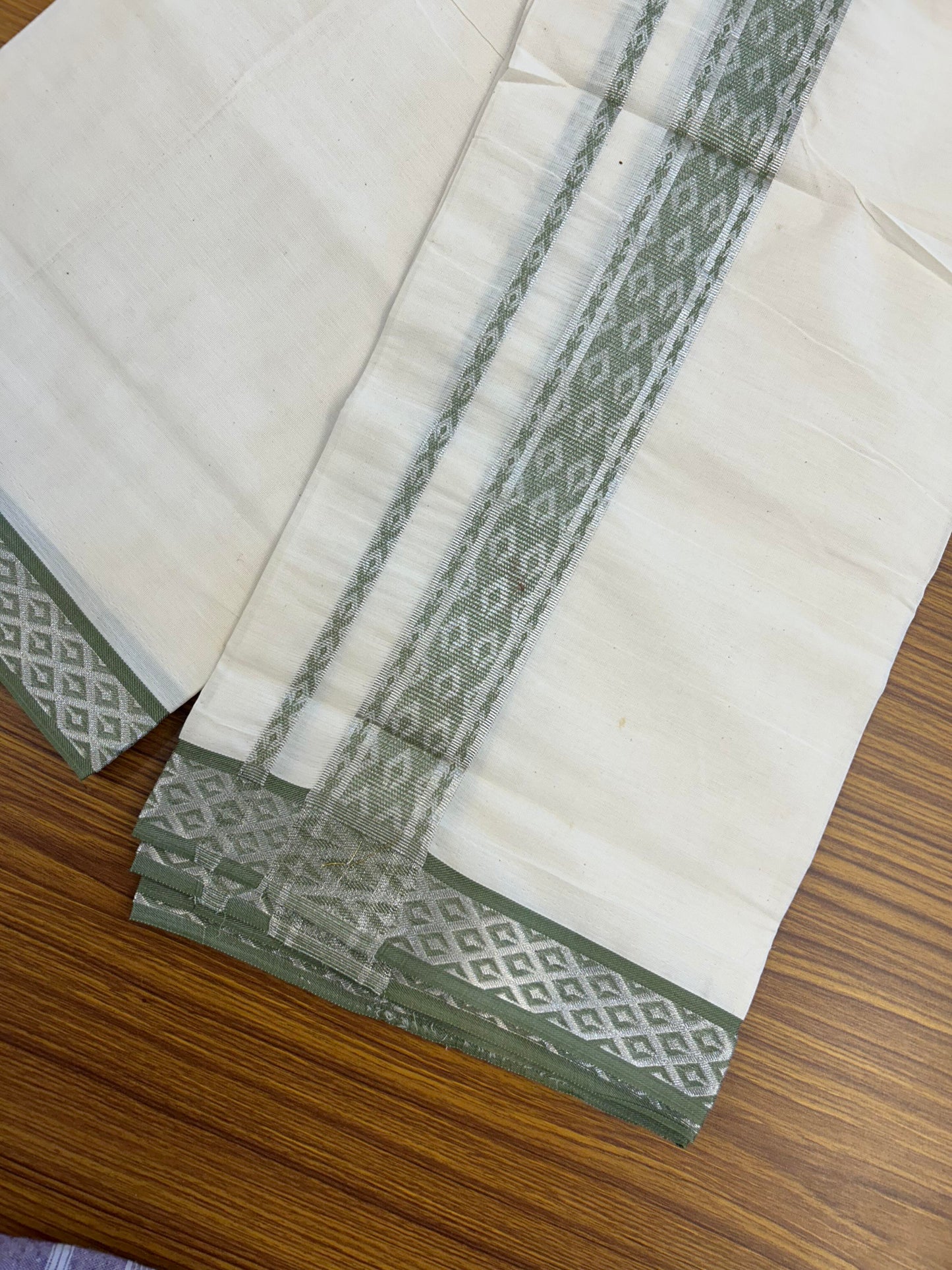 20% Discount ! KaithariKada Balaramapuram 100% Pure Cotton Single Off White Mundu/Dhoti - 70X30 - 2 inch Silver Kasav & Pastel Green Jacquard Design kara 2 mtr (4 Muzham) - 14 KK5360 CJT