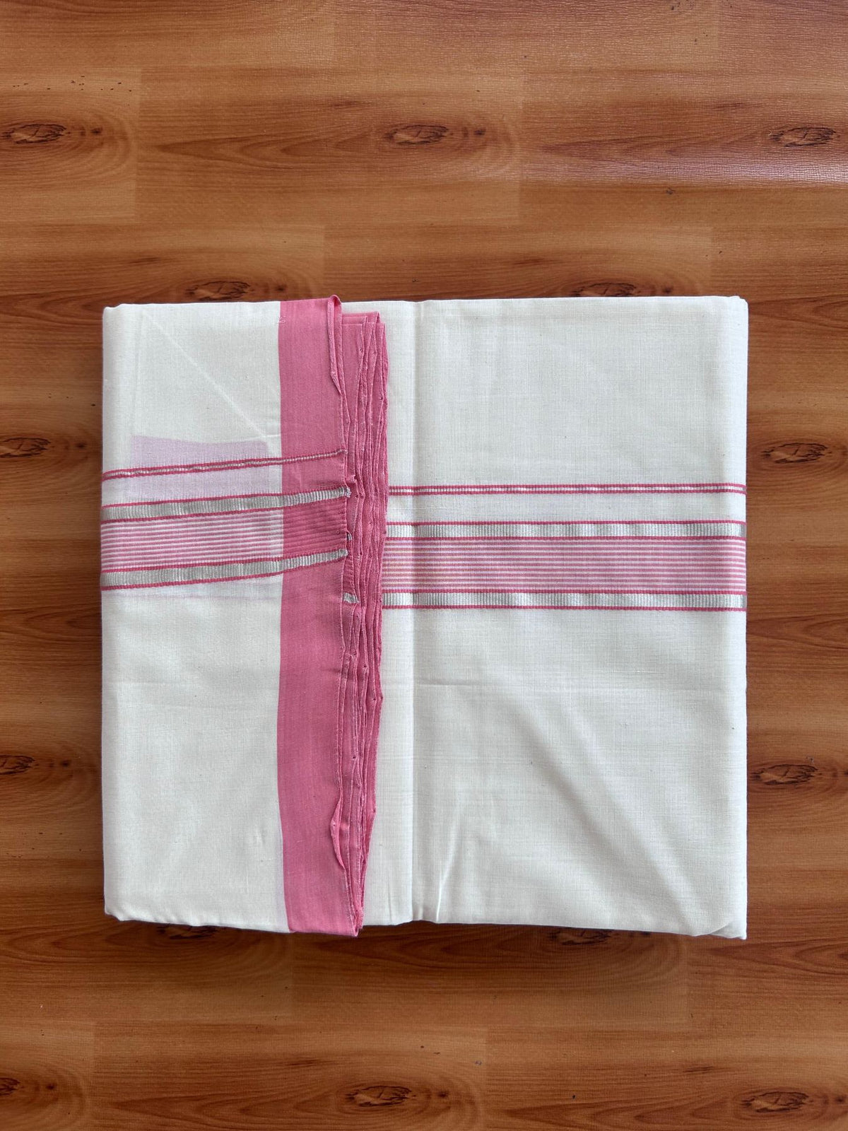 Off White (Unbleached) Double Mundu/Dhoti - 25% Discount! KaithariKada Handloom Millpaav - Kerala Handloom - 100% Pure Cotton - 80x90 - 1.5 inch Silver kasav Rose Pink striped kara 4 Meters (8.5 Muzham) - 44 KK5508 RAM