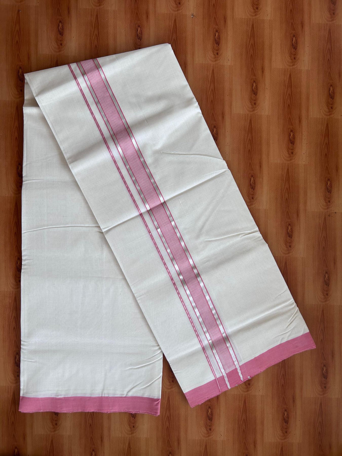 Off White (Unbleached) Double Mundu/Dhoti - 25% Discount! KaithariKada Handloom Millpaav - Kerala Handloom - 100% Pure Cotton - 80x90 - 1.5 inch Silver kasav Rose Pink striped kara 4 Meters (8.5 Muzham) - 44 KK5508 RAM