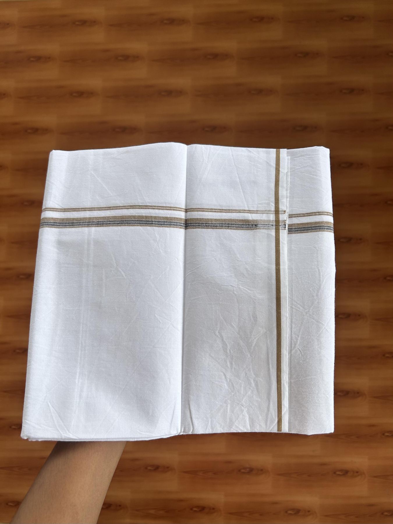 Single Mundu/Dhoti  - Pure White - 29% Discount !! KaithariKada Balaramapuram 100% Cotton - Twisted 60s Thread - 0.5 Cm Silver Kasav & Black & Sand Brown Shaded Striped Kara (2 meter / 4 muzham) - 50 KK5393 GL