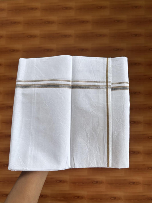Single Mundu/Dhoti  - Pure White - 29% Discount !! KaithariKada Balaramapuram 100% Cotton - Twisted 60s Thread - 0.5 Cm Silver Kasav & Black & Sand Brown Shaded Striped Kara (2 meter / 4 muzham) - 50 KK5393 GL