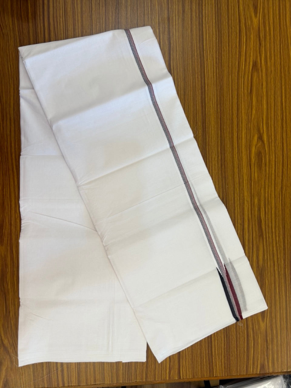 ADMK VESTHI 20% DISCOUNT ! KaithariKada Balaramapuram 100% Cotton Pure White Double Mundu/Dhoti- 100X100- 0.75 Inch  Puliyilakkara Maroon & Black Chutty Kara - 17 KK5297 ASH