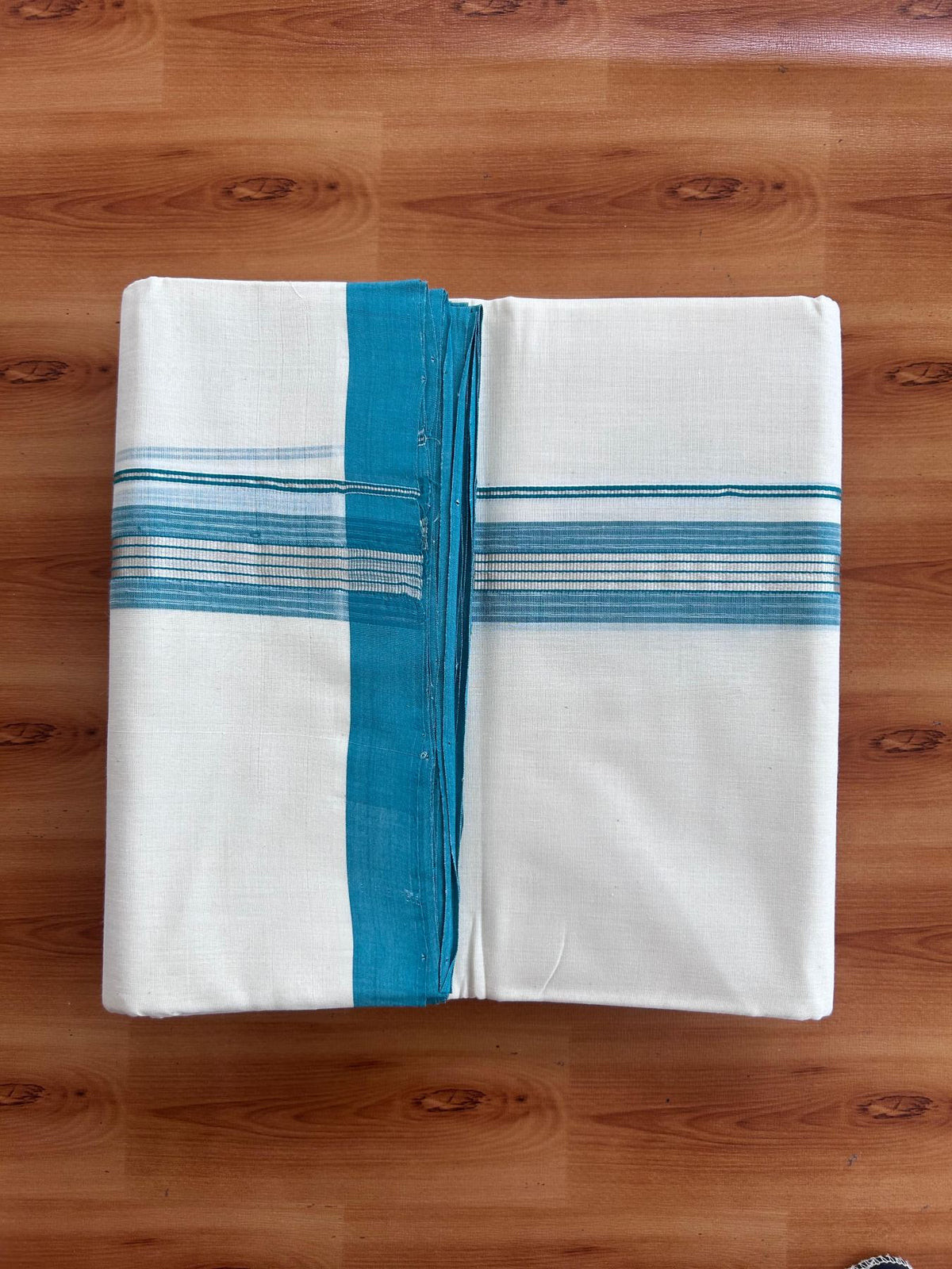 Off White (Unbleached) Double Mundu/Dhoti - 25% Discount! KaithariKada Handloom Millpaav - Kerala Handloom - 100% Pure Cotton - 80x90 - 1.5 inch Silver kasav Teal Green shaded striped kara 4 Meters (8.5 Muzham) - 47 KK5508 RAM