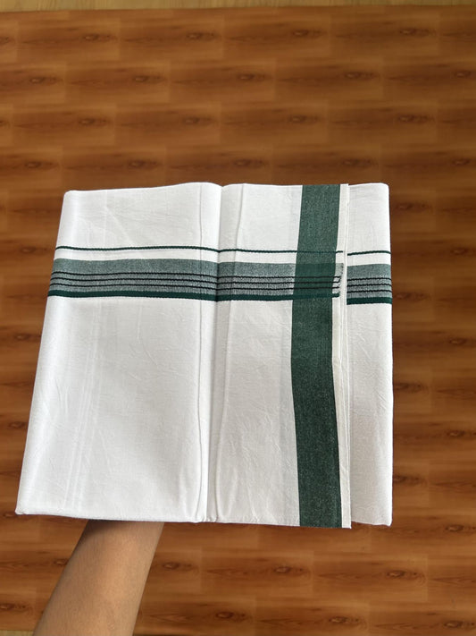 Single Mundu/Dhoti  - Pure White - 29% Discount !! KaithariKada Balaramapuram 100% Cotton - Twisted 60s Thread - 0.5 Cm  Black & Green Shaded Striped Kara (2 meter / 4 muzham) - 59 KK5393 GL