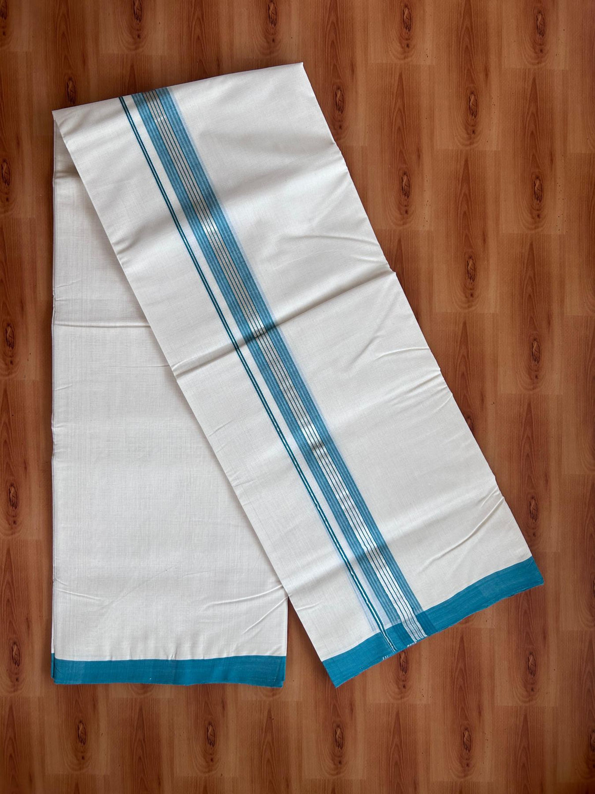 Off White (Unbleached) Double Mundu/Dhoti - 25% Discount! KaithariKada Handloom Millpaav - Kerala Handloom - 100% Pure Cotton - 80x90 - 1.5 inch Silver kasav Teal Green shaded striped kara 4 Meters (8.5 Muzham) - 47 KK5508 RAM