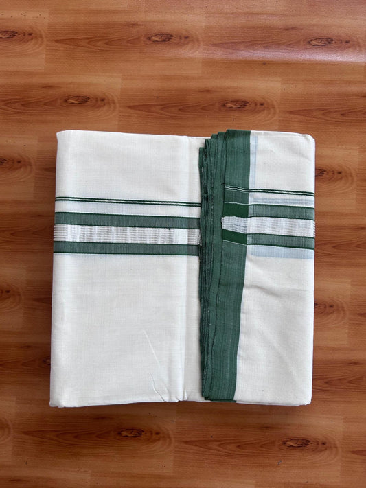Off White (Unbleached) Double Mundu/Dhoti - 25% Discount! KaithariKada Handloom Millpaav - Kerala Handloom - 100% Pure Cotton - 80x90 - 1.5 inch Green shaded silver striped kara 4 Meters (8.5 Muzham) - 43 KK5508 RAM