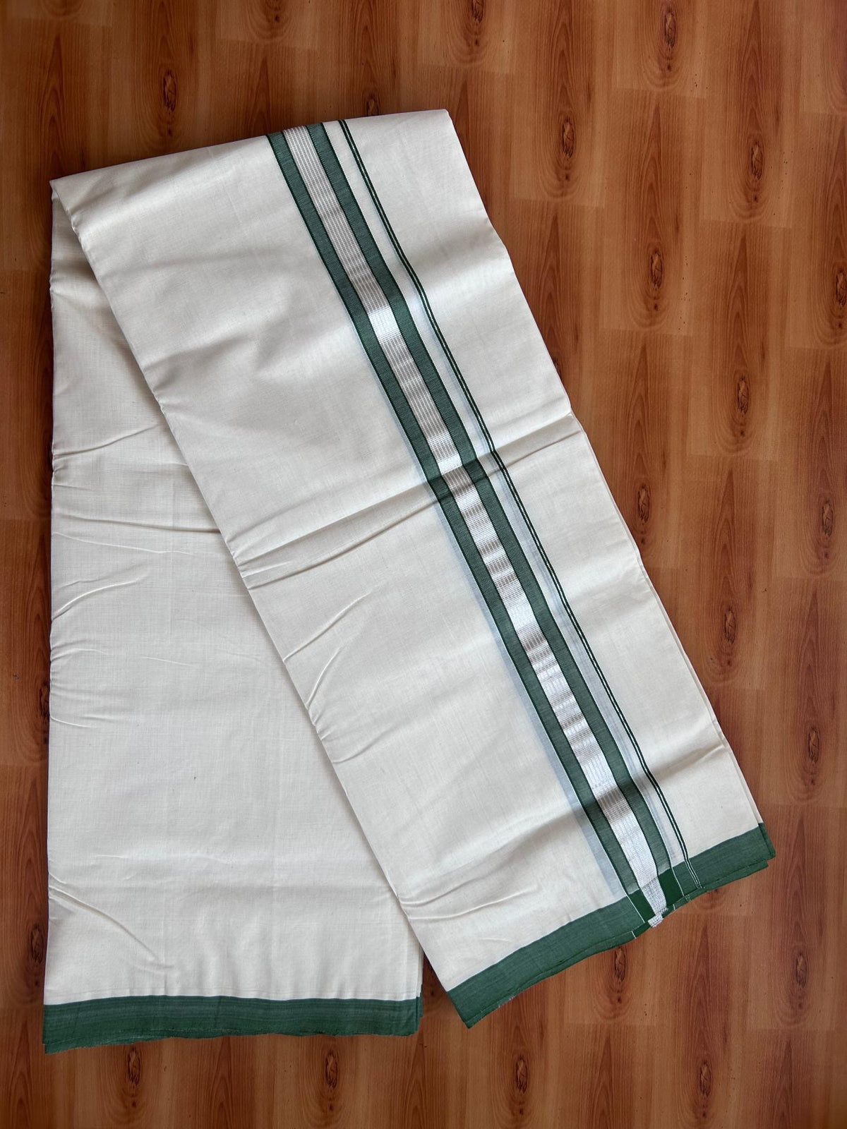 Off White (Unbleached) Double Mundu/Dhoti - 25% Discount! KaithariKada Handloom Millpaav - Kerala Handloom - 100% Pure Cotton - 80x90 - 1.5 inch Green shaded silver striped kara 4 Meters (8.5 Muzham) - 43 KK5508 RAM