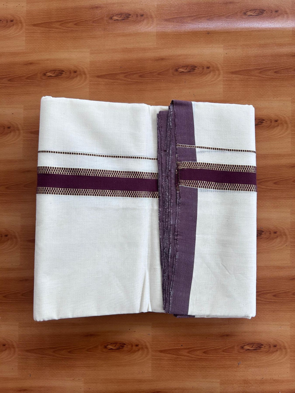 Off White (Unbleached) Double Mundu/Dhoti - 25% Discount! KaithariKada Handloom Millpaav - Kerala Handloom - 100% Pure Cotton - 80x90 - 1.25 inch Gold kasav Dark Brown kara 4 Meters (8.5 Muzham) - 52 KK5508 RAM