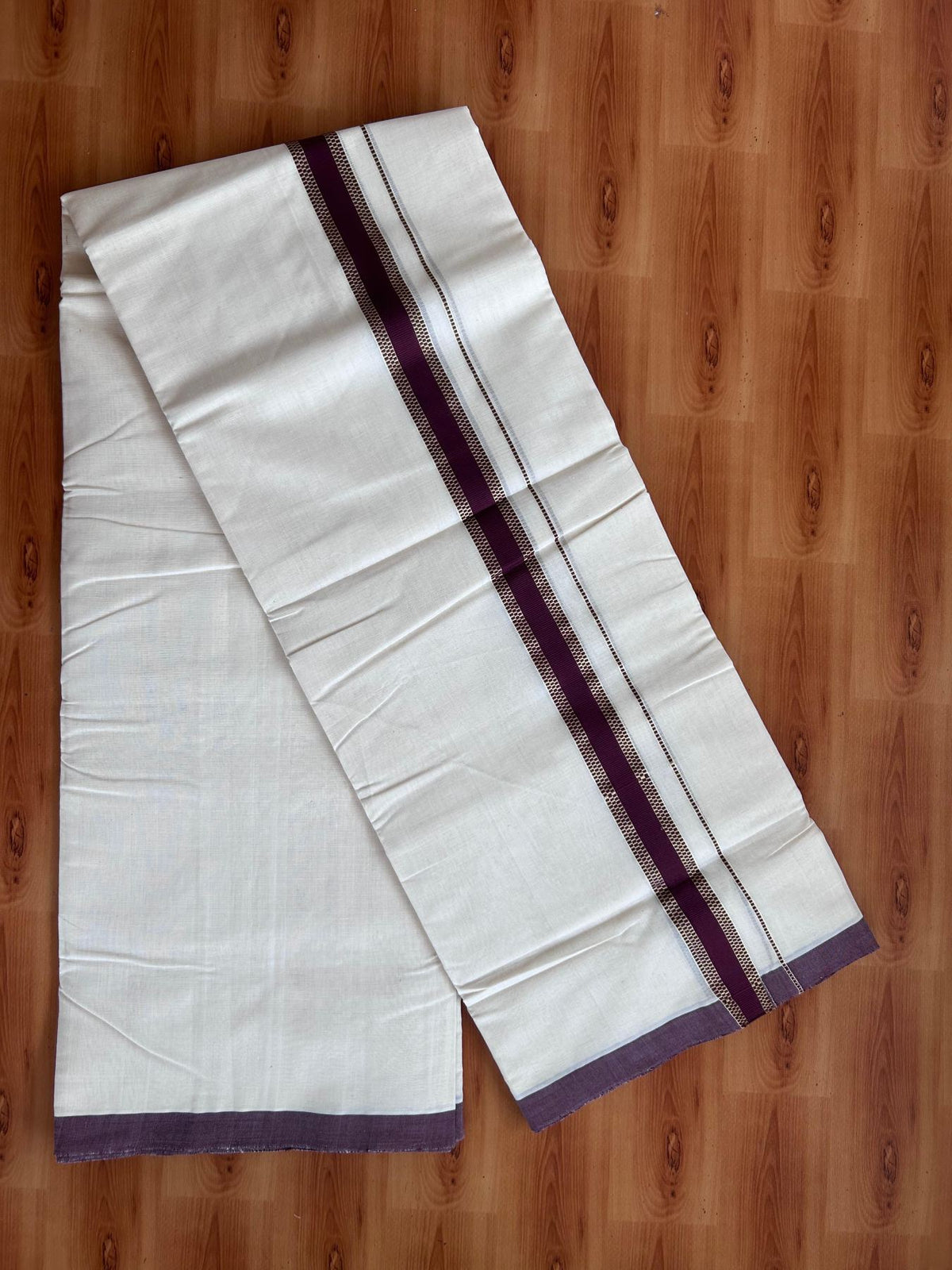 Off White (Unbleached) Double Mundu/Dhoti - 25% Discount! KaithariKada Handloom Millpaav - Kerala Handloom - 100% Pure Cotton - 80x90 - 1.25 inch Gold kasav Dark Brown kara 4 Meters (8.5 Muzham) - 52 KK5508 RAM