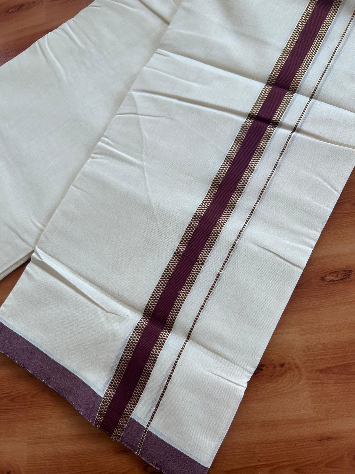 Off White (Unbleached) Double Mundu/Dhoti - 25% Discount! KaithariKada Handloom Millpaav - Kerala Handloom - 100% Pure Cotton - 80x90 - 1.25 inch Gold kasav Dark Brown kara 4 Meters (8.5 Muzham) - 52 KK5508 RAM